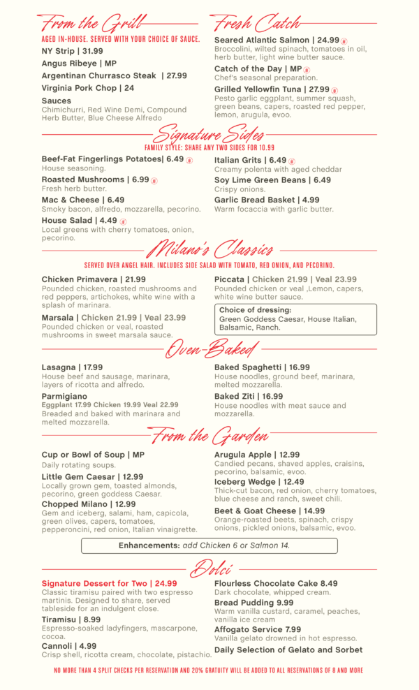 Milan Menu Ristorante Menus - Milano’s Enoteca & Italian Ristorante
